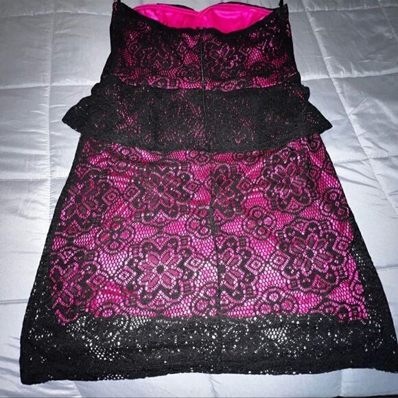 Dots Hot Pink & Black Lace sexy Strapless Peplum Retro Y2K Party dress size L - Picture 3 of 4